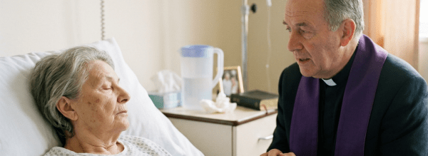 Elderly woman in hospital bed with IV, holding hands with a priest offering comfort