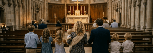 Family of seven kneeling in church pews praying